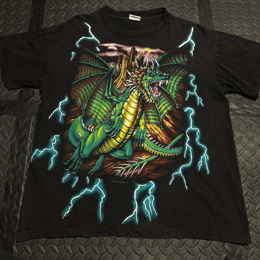 Vintage Caribbean Dream Green Dragon Lightning Graphic T-Shirt Black Tee